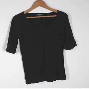 Lauren Ralph Lauren S Black Elbow Sleeve 100% Cotton T Shirt Top